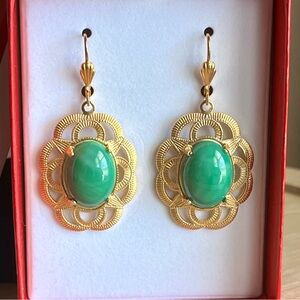 Ali by Alzerina Magnolia Earrings Jade Green Cabochon 24K Gold Plated